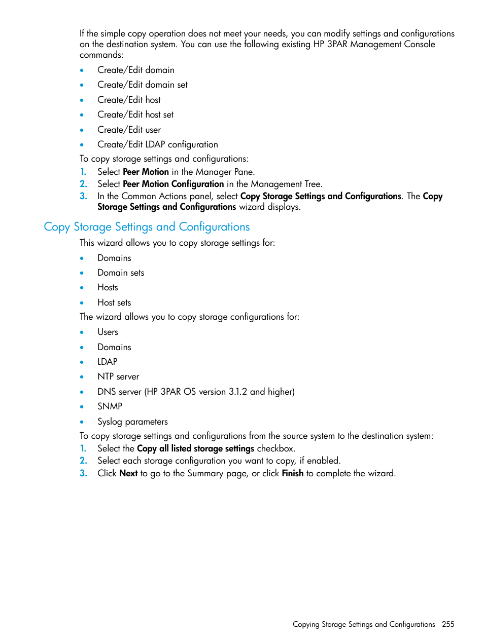 Copy storage settings and configurations | HP 3PAR Operating System Software User Manual | Page 255 / 526