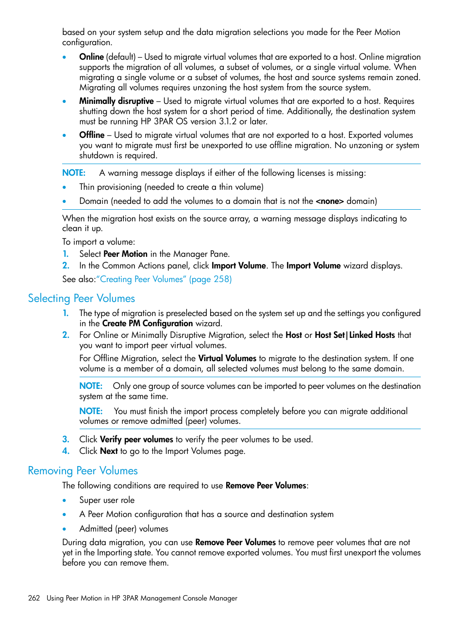 Selecting peer volumes, Removing peer volumes, Selecting peer volumes removing peer volumes | HP 3PAR Operating System Software User Manual | Page 262 / 526