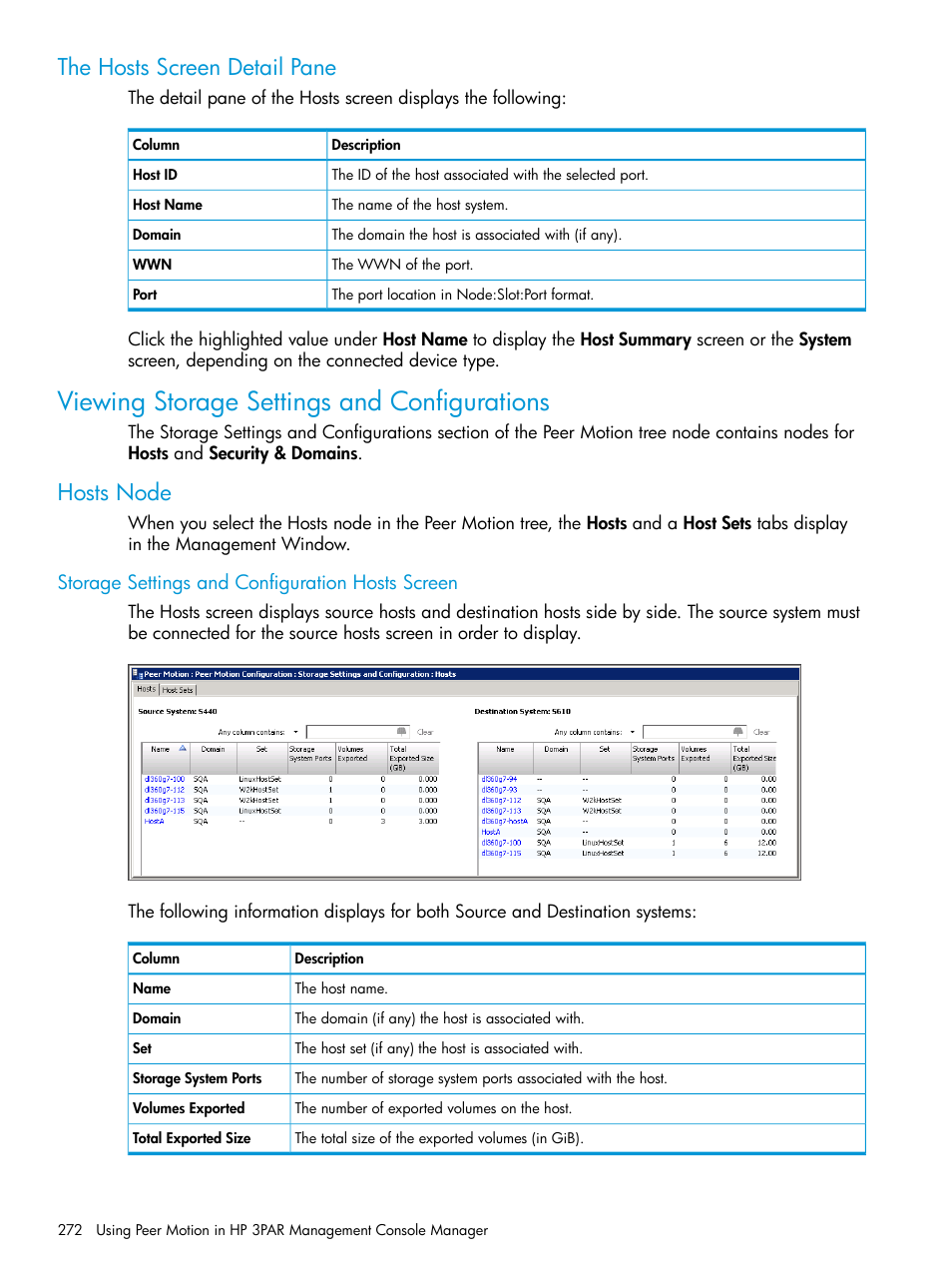 The hosts screen detail pane, Viewing storage settings and configurations, Hosts node | Storage settings and configuration hosts screen | HP 3PAR Operating System Software User Manual | Page 272 / 526