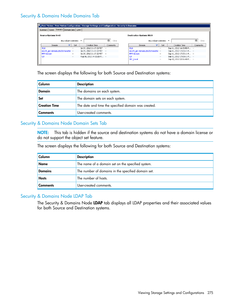 Security & domains node domains tab, Security & domains node domain sets tab, Security & domains node ldap tab | HP 3PAR Operating System Software User Manual | Page 275 / 526