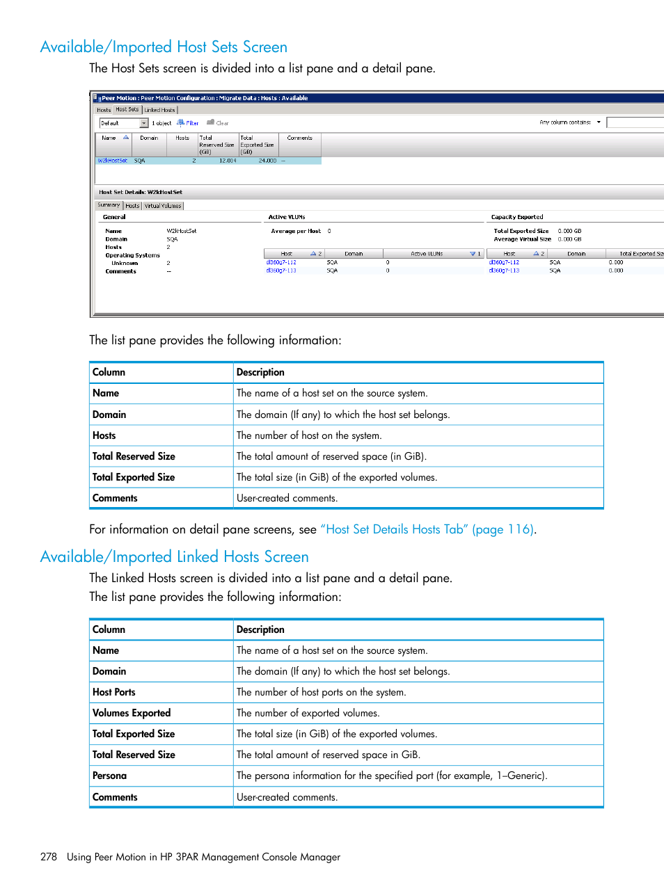 Available/imported host sets screen, Available/imported linked hosts screen | HP 3PAR Operating System Software User Manual | Page 278 / 526