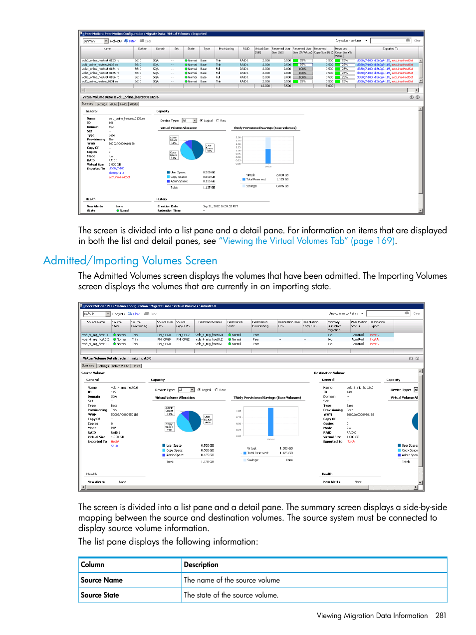 Admitted/importing volumes screen | HP 3PAR Operating System Software User Manual | Page 281 / 526