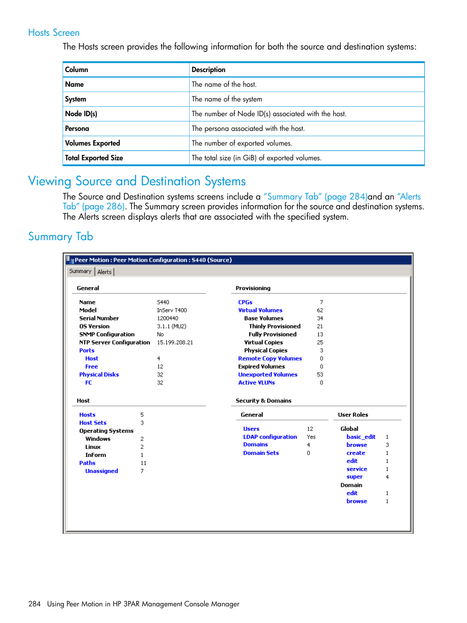 Hosts screen, Viewing source and destination systems, Summary tab | HP 3PAR Operating System Software User Manual | Page 284 / 526