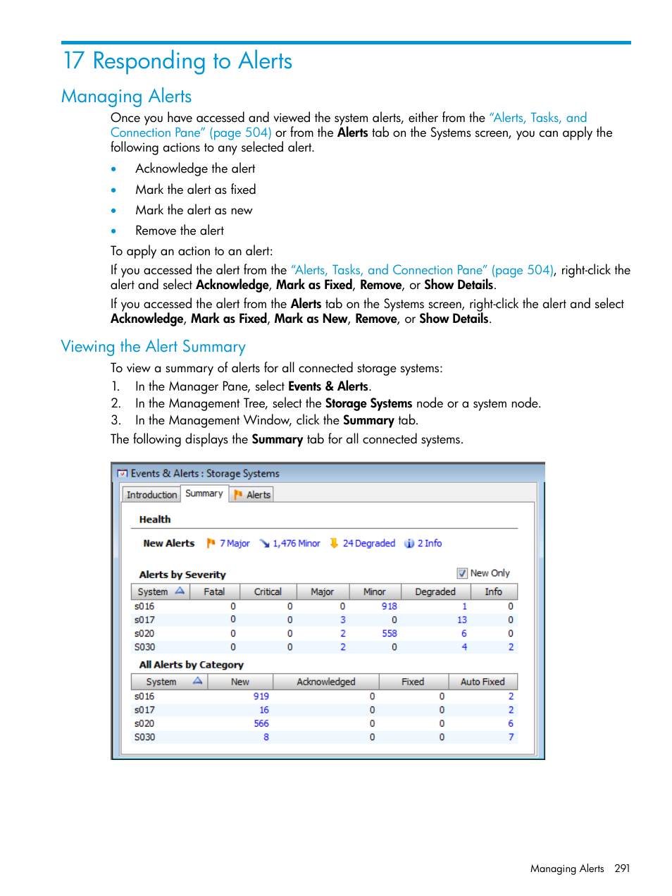 17 responding to alerts, Managing alerts, Viewing the alert summary | Viewing the alert summary viewing system alerts | HP 3PAR Operating System Software User Manual | Page 291 / 526