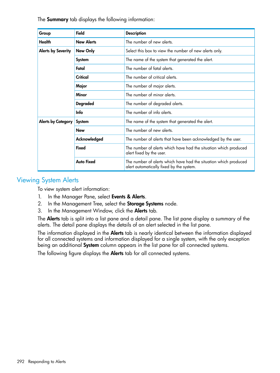 Viewing system alerts, List pane | HP 3PAR Operating System Software User Manual | Page 292 / 526