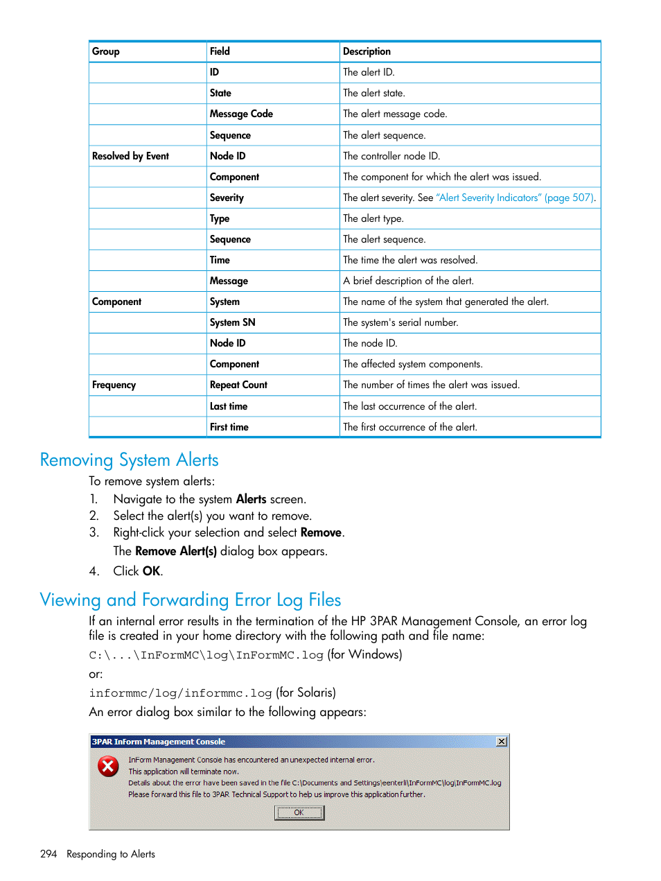 Removing system alerts, Viewing and forwarding error log files | HP 3PAR Operating System Software User Manual | Page 294 / 526