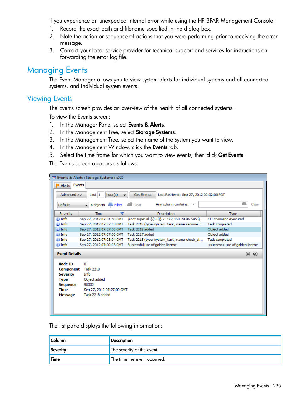 Managing events, Viewing events, Viewing events filtering events | HP 3PAR Operating System Software User Manual | Page 295 / 526