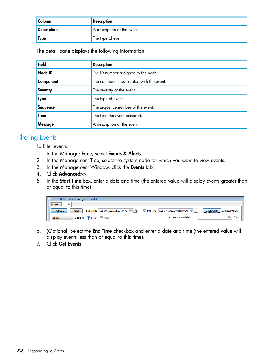 Filtering events, Ocating a system | HP 3PAR Operating System Software User Manual | Page 296 / 526