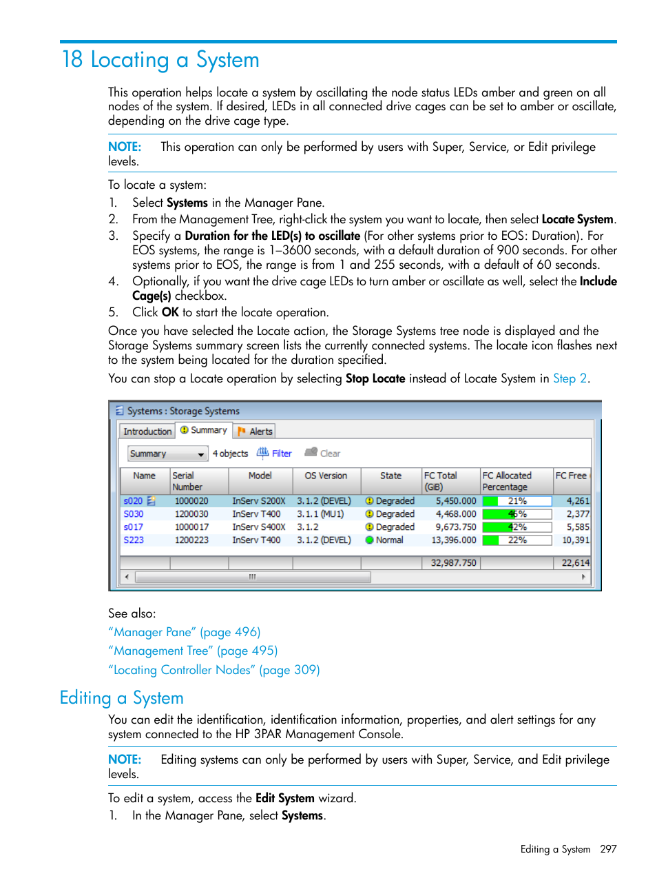 18 locating a system, Editing a system, Editing a system setting the license | HP 3PAR Operating System Software User Manual | Page 297 / 526
