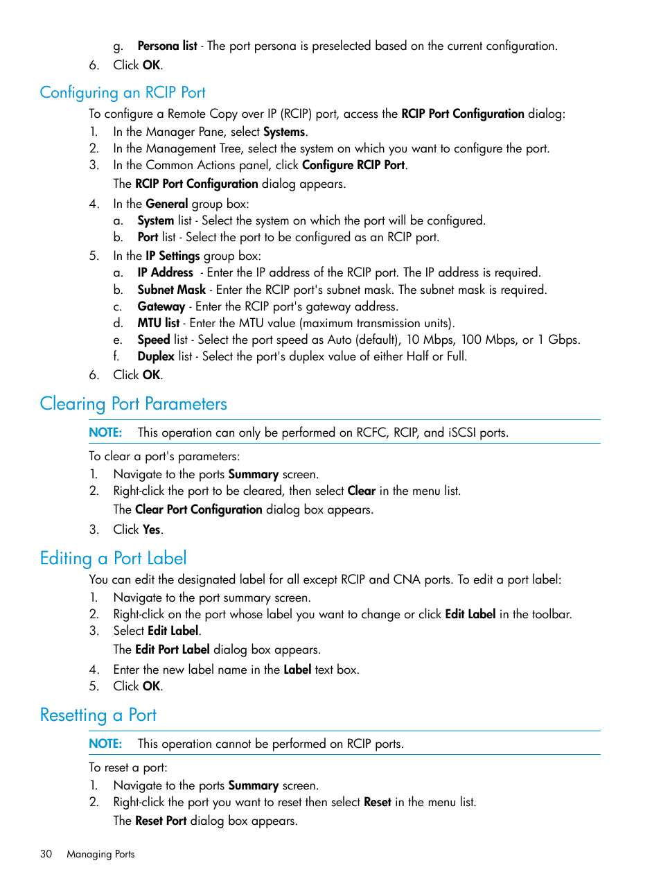 Configuring an rcip port, Clearing port parameters, Editing a port label | Resetting a port | HP 3PAR Operating System Software User Manual | Page 30 / 526