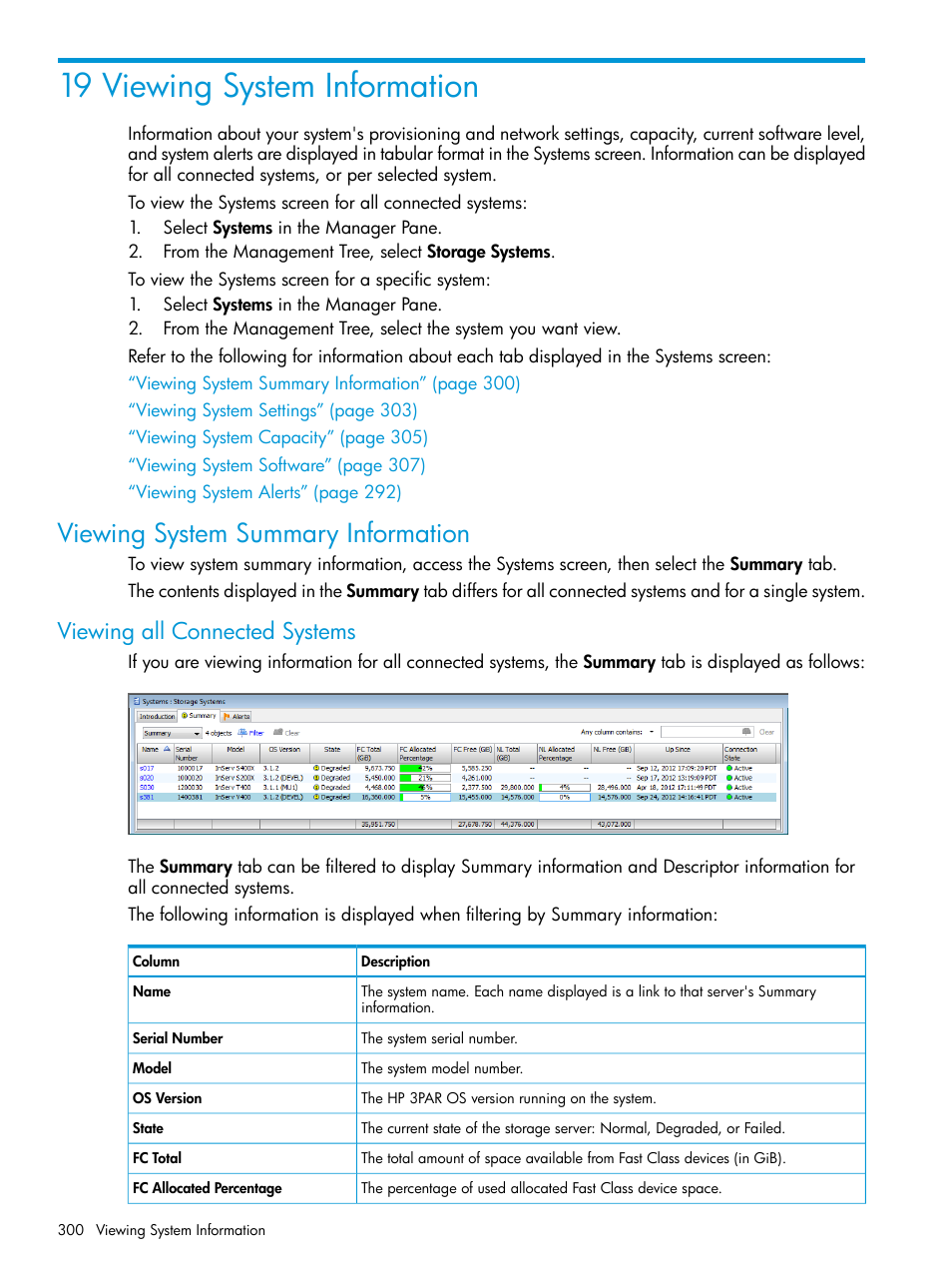 19 viewing system information, Viewing system summary information, Viewing all connected systems | HP 3PAR Operating System Software User Manual | Page 300 / 526