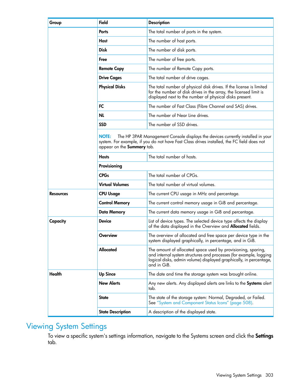 Viewing system settings | HP 3PAR Operating System Software User Manual | Page 303 / 526