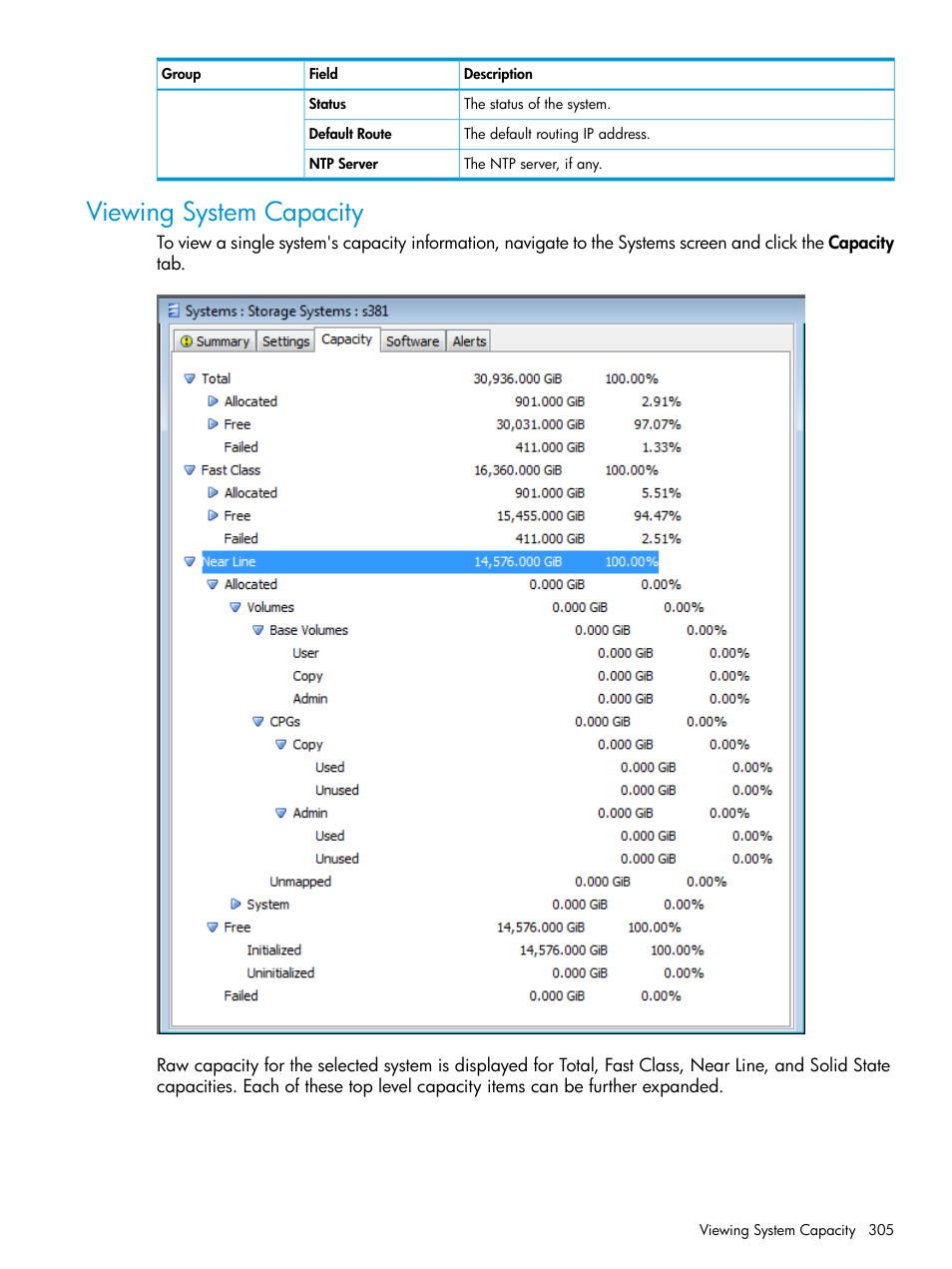 Viewing system capacity | HP 3PAR Operating System Software User Manual | Page 305 / 526