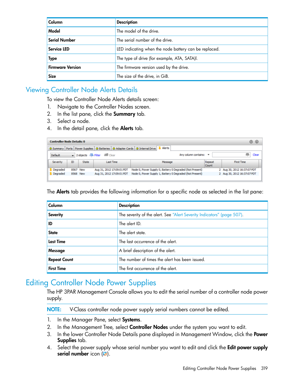 Viewing controller node alerts details, Editing controller node power supplies | HP 3PAR Operating System Software User Manual | Page 319 / 526