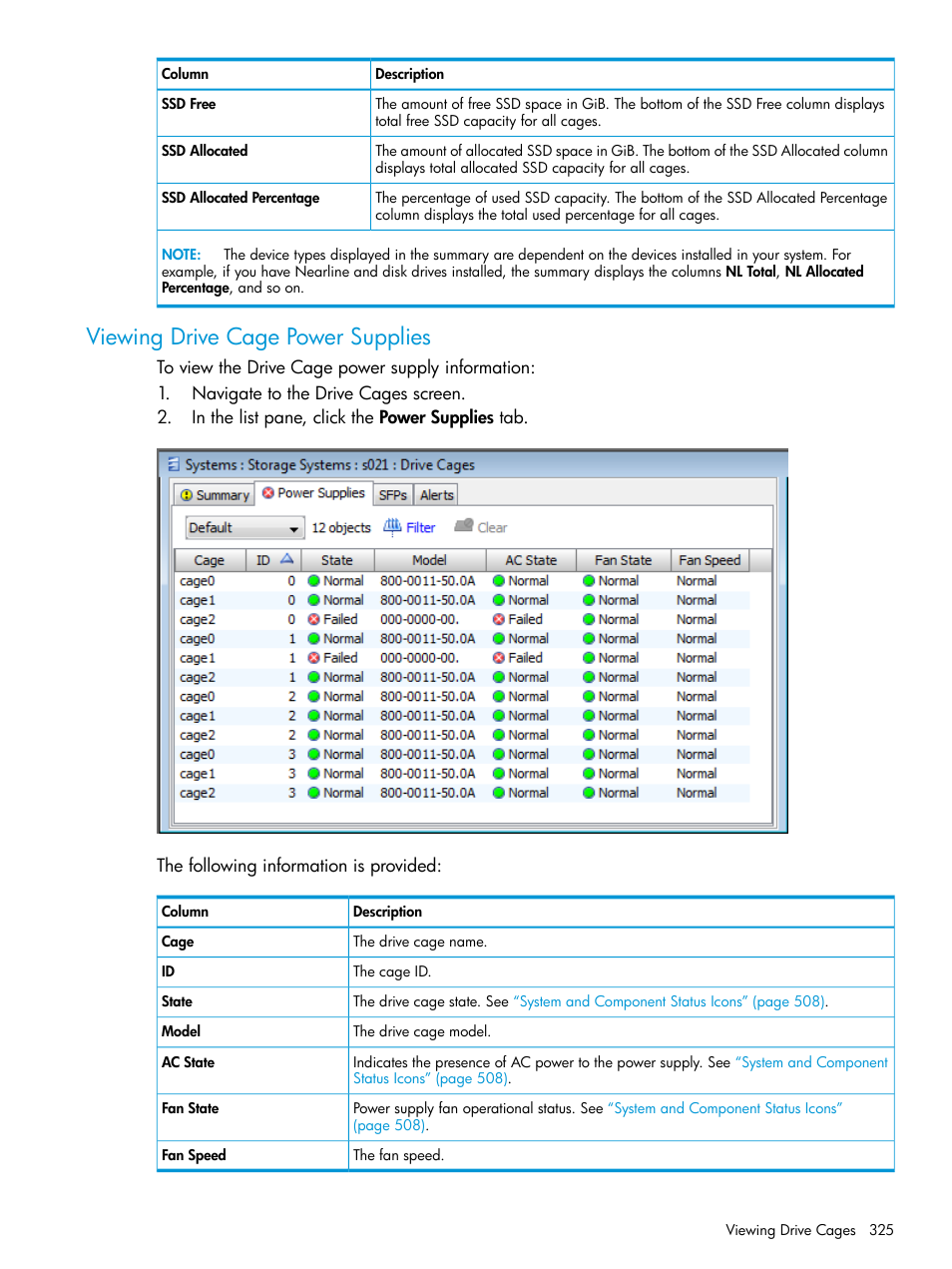 Viewing drive cage power supplies | HP 3PAR Operating System Software User Manual | Page 325 / 526