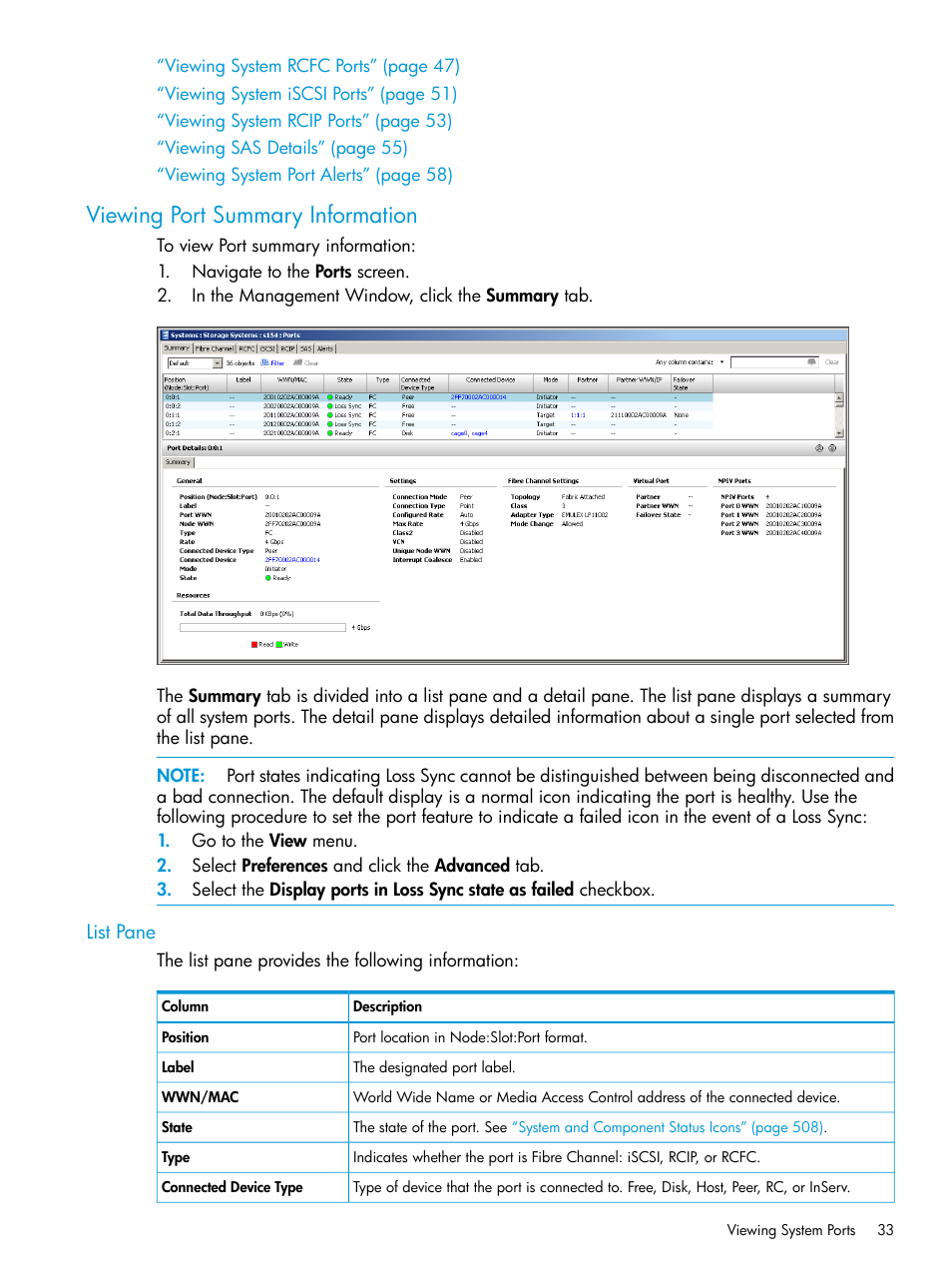 Viewing port summary information, List pane | HP 3PAR Operating System Software User Manual | Page 33 / 526