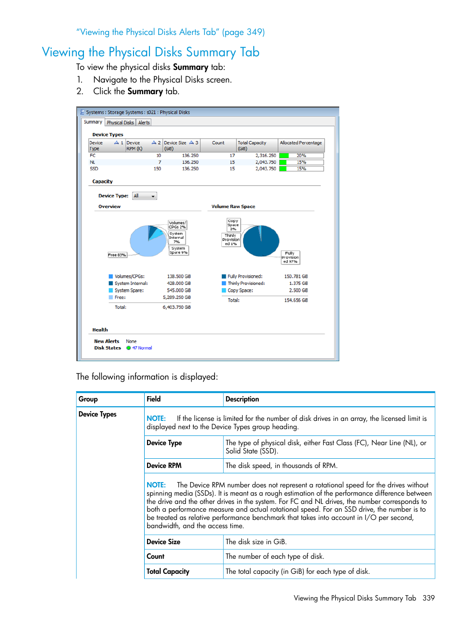 Viewing the physical disks summary tab | HP 3PAR Operating System Software User Manual | Page 339 / 526