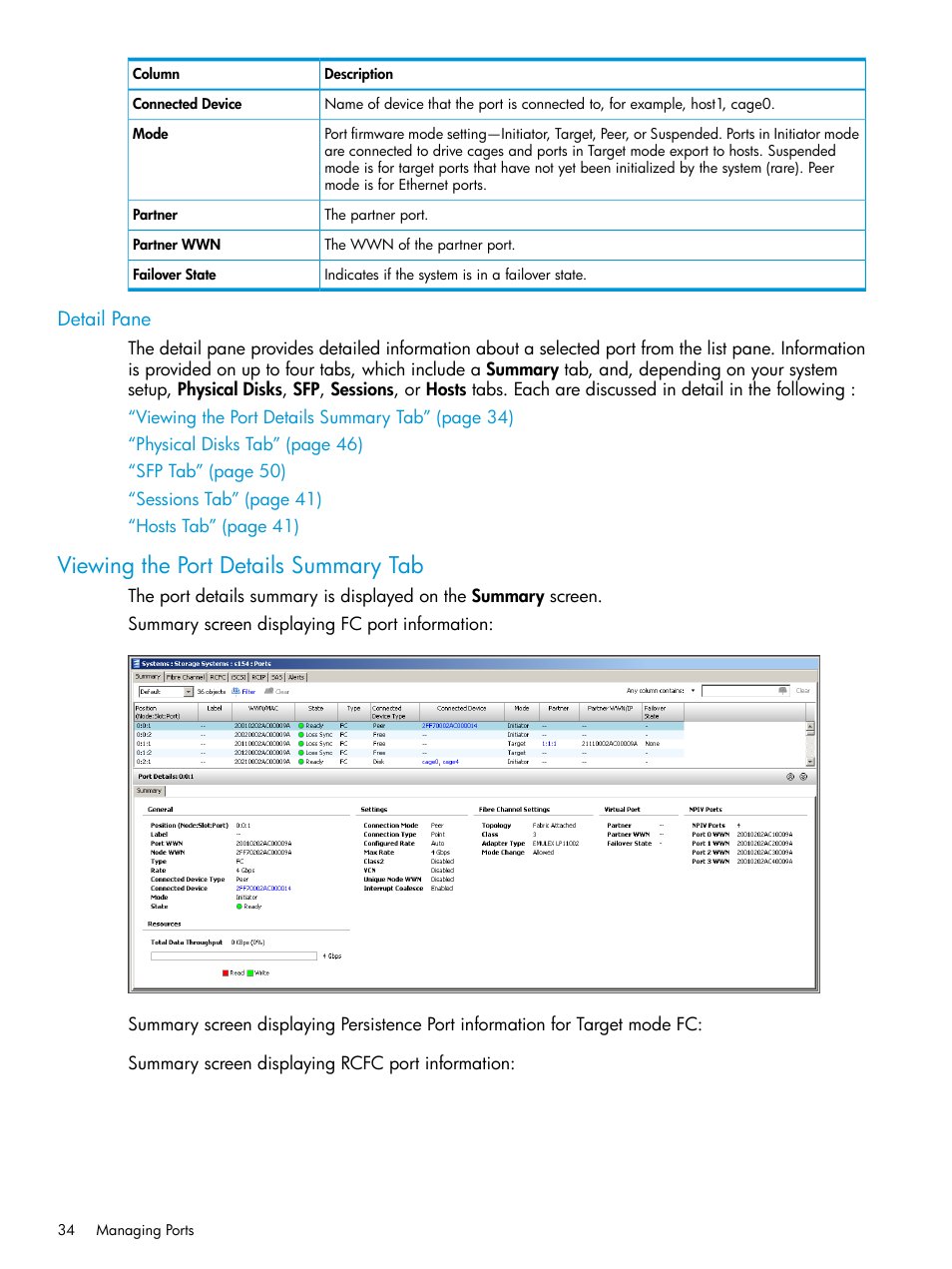 Detail pane, Viewing the port details summary tab | HP 3PAR Operating System Software User Manual | Page 34 / 526