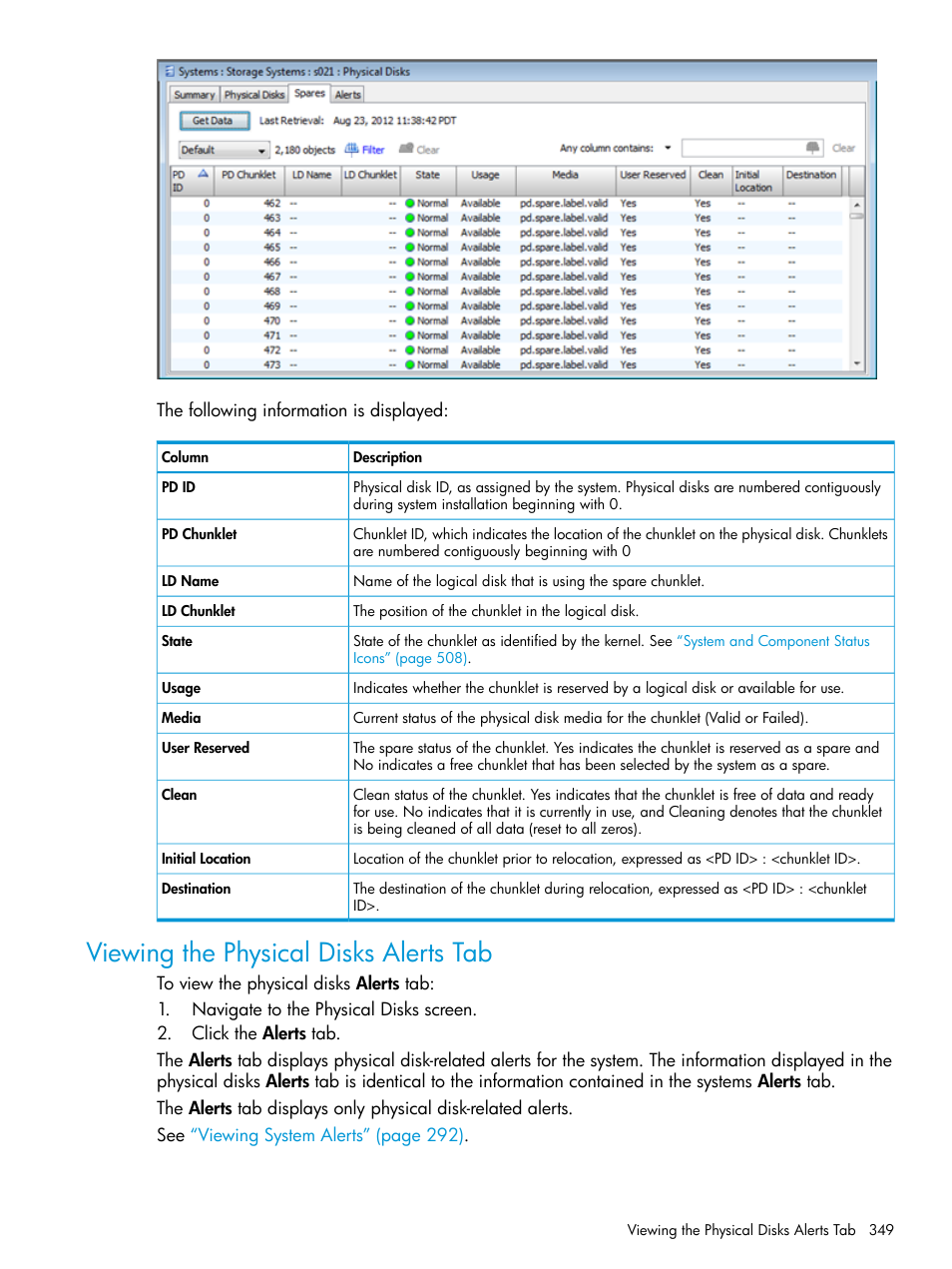 Viewing the physical disks alerts tab | HP 3PAR Operating System Software User Manual | Page 349 / 526