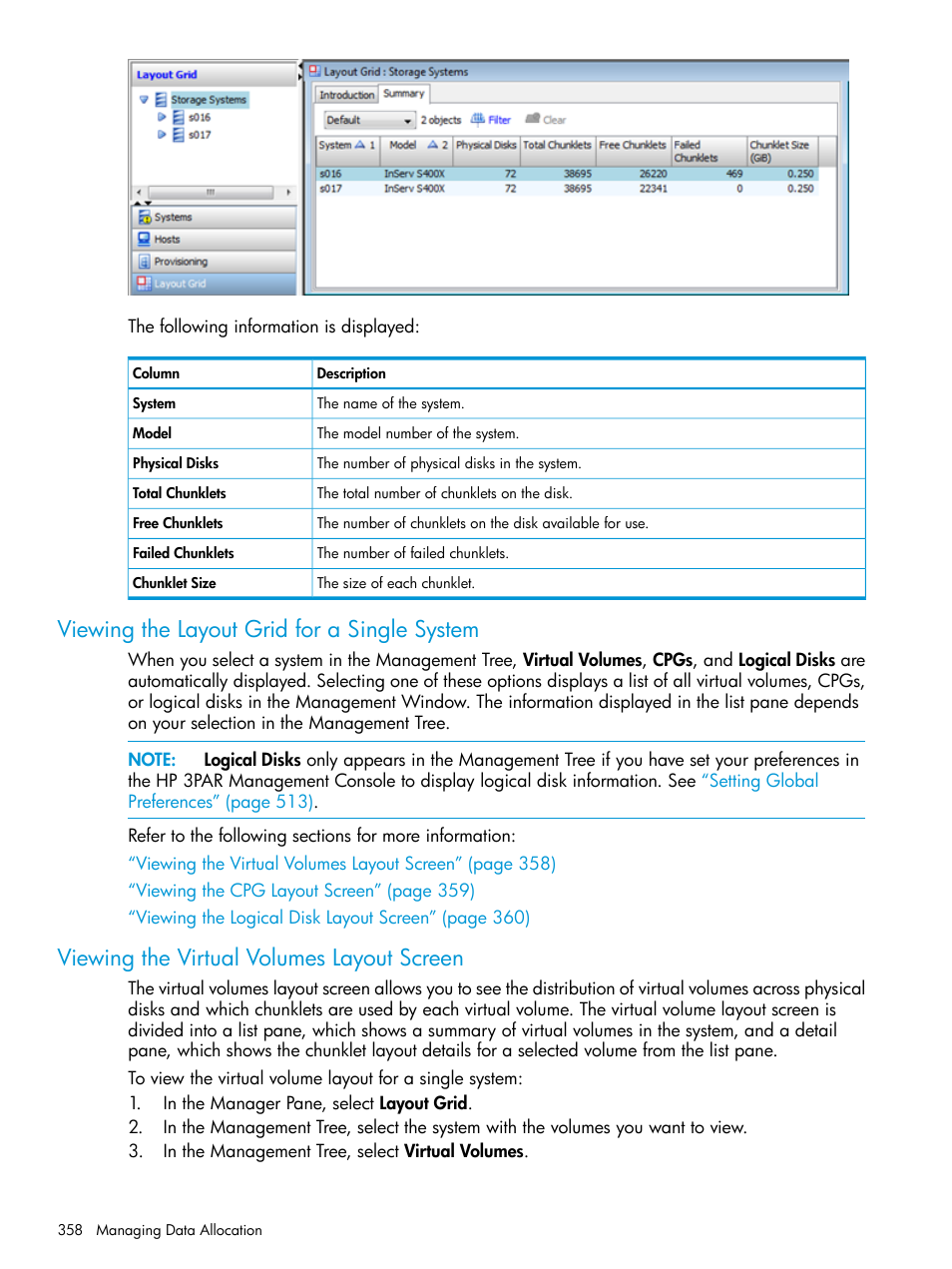 Viewing the layout grid for a single system, Viewing the virtual volumes layout screen | HP 3PAR Operating System Software User Manual | Page 358 / 526