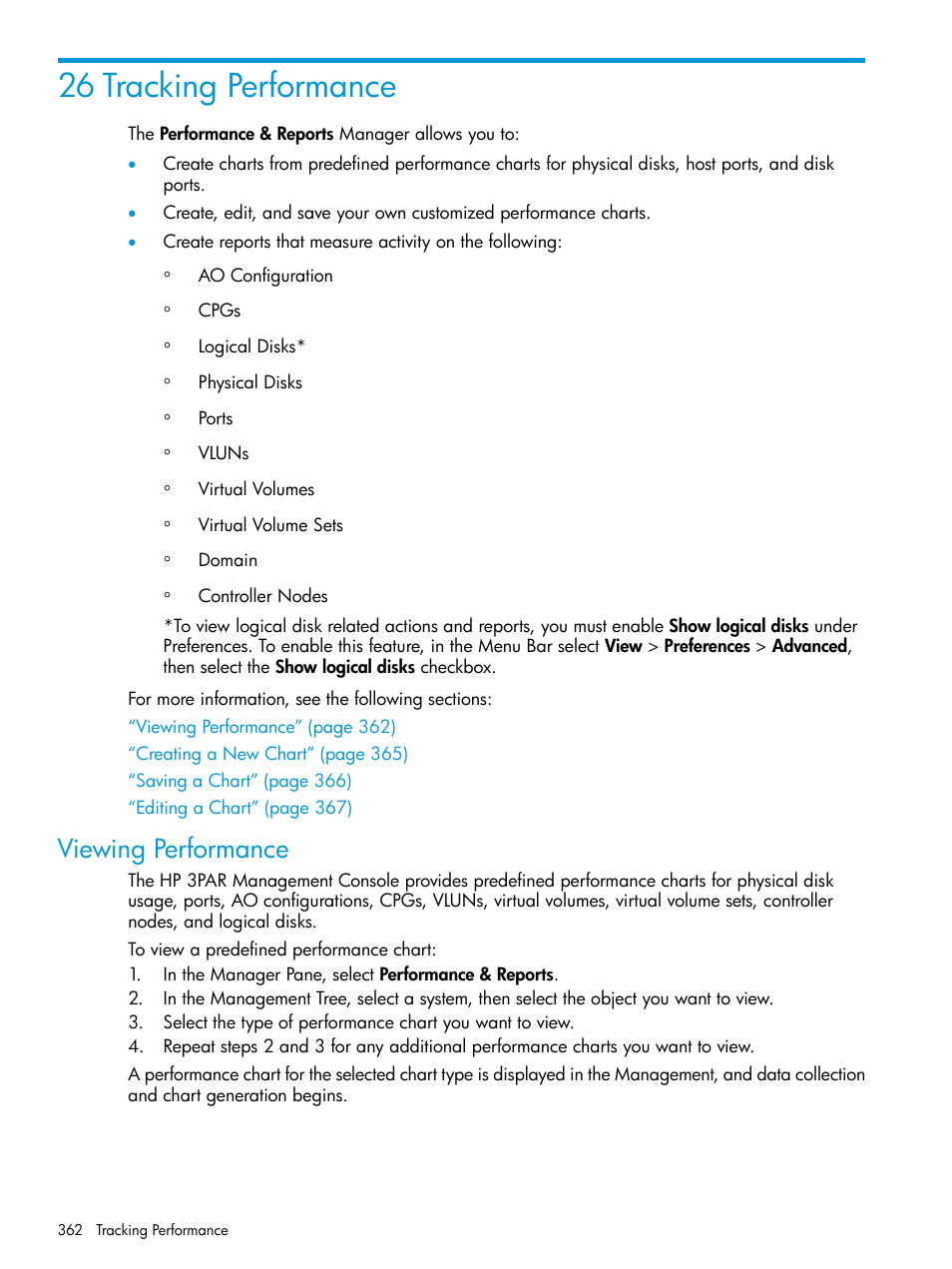 26 tracking performance, Viewing performance | HP 3PAR Operating System Software User Manual | Page 362 / 526