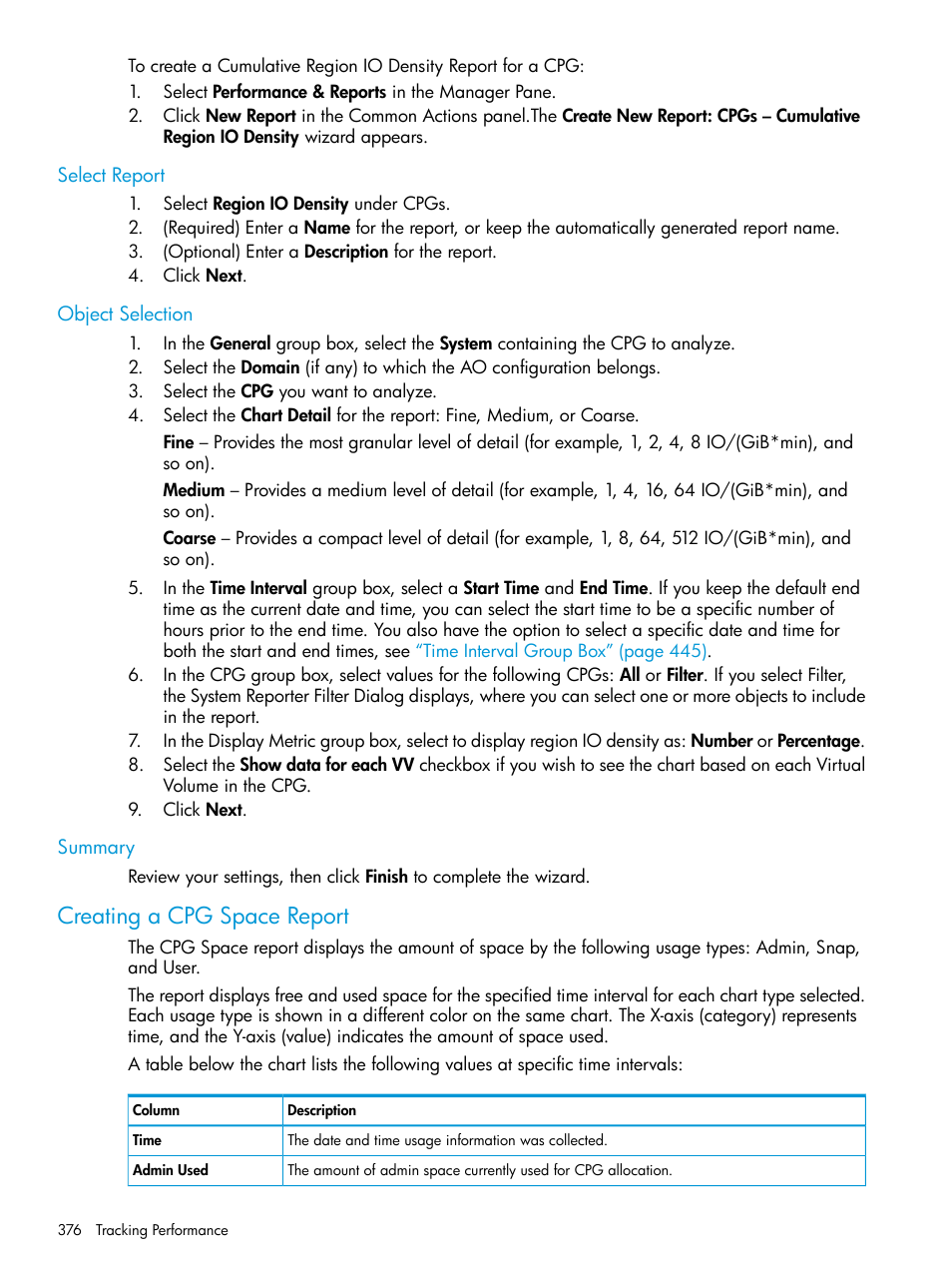 Select report, Object selection, Summary | Creating a cpg space report, Object selection summary | HP 3PAR Operating System Software User Manual | Page 376 / 526