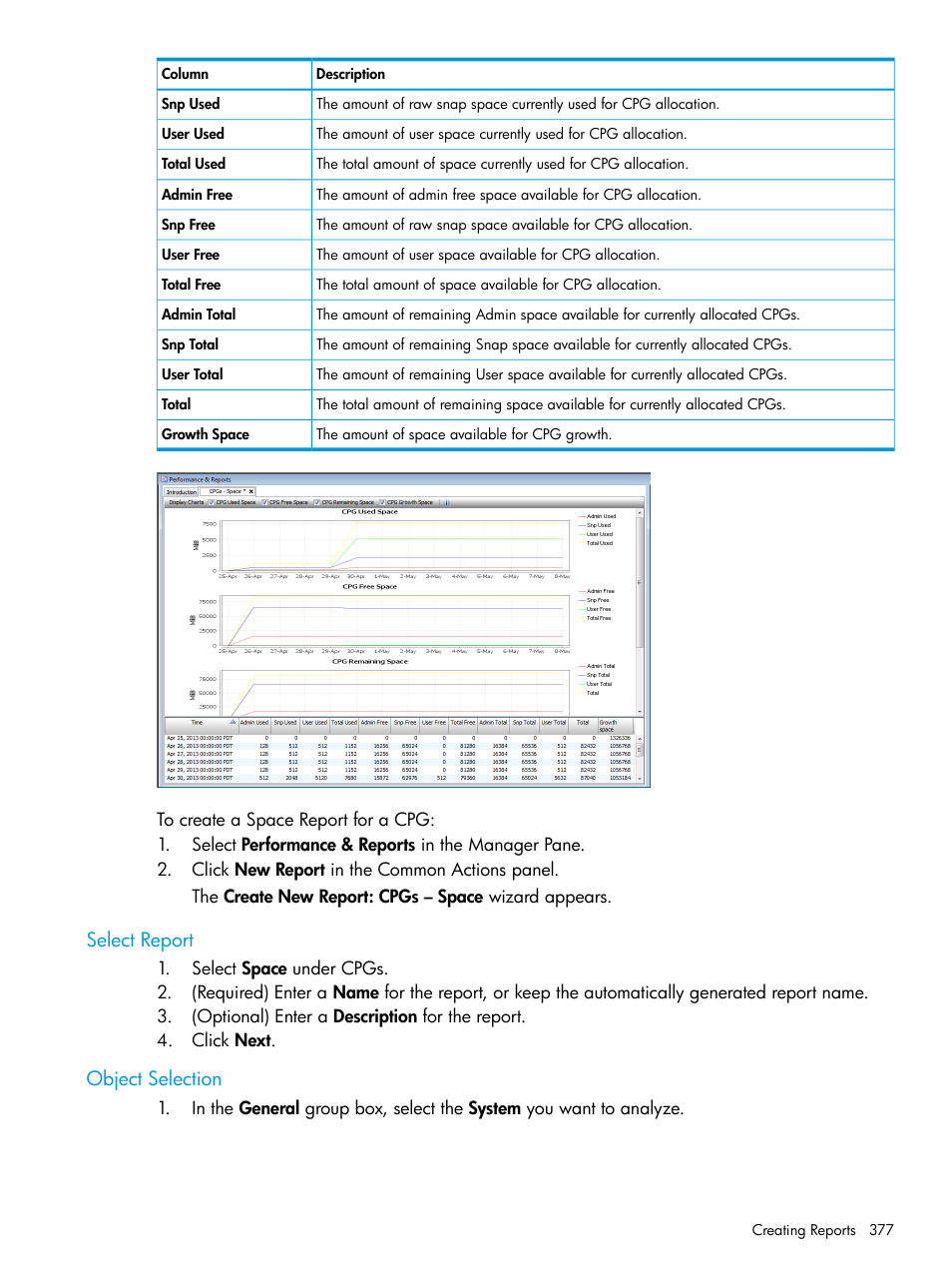 Select report, Object selection, Select report object selection | HP 3PAR Operating System Software User Manual | Page 377 / 526