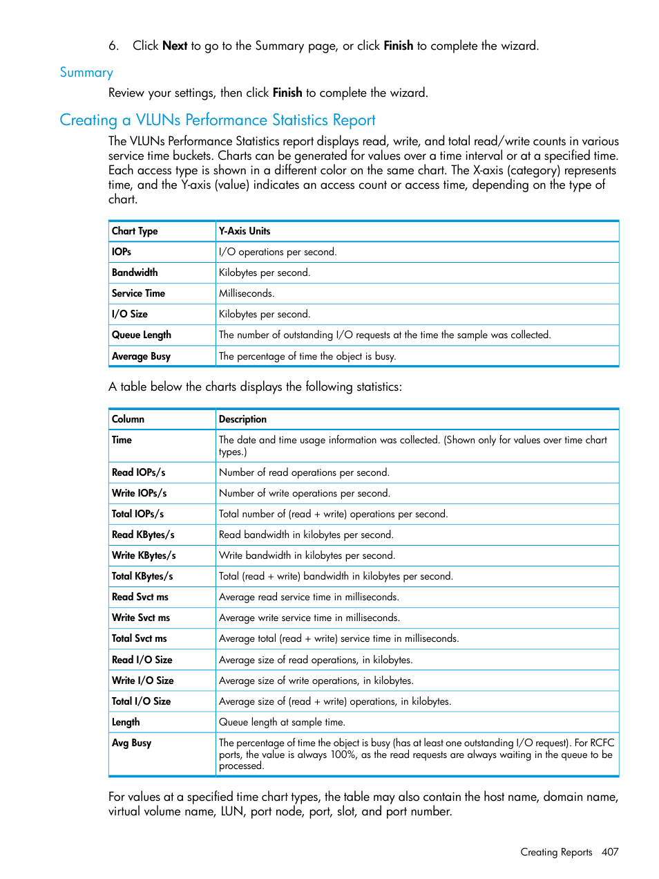 Summary, Creating a vluns performance statistics report | HP 3PAR Operating System Software User Manual | Page 407 / 526