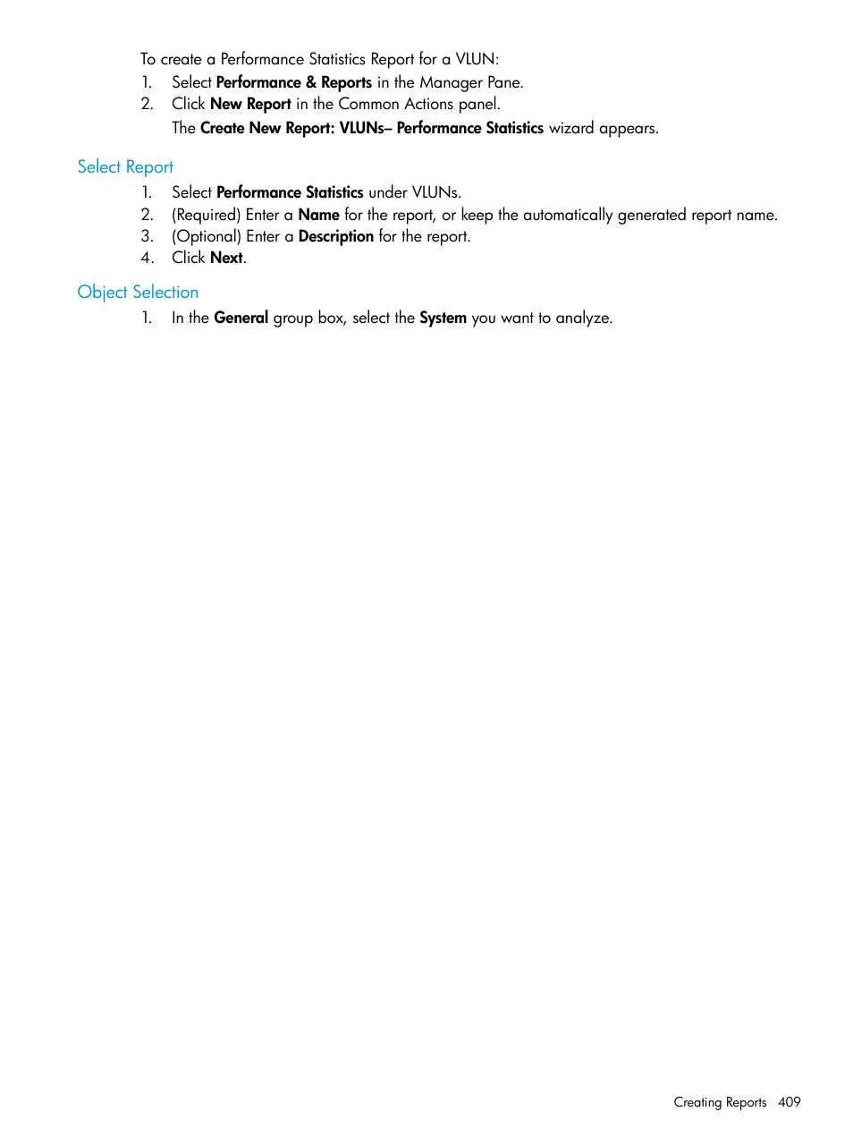 Select report, Object selection, Select report object selection | HP 3PAR Operating System Software User Manual | Page 409 / 526