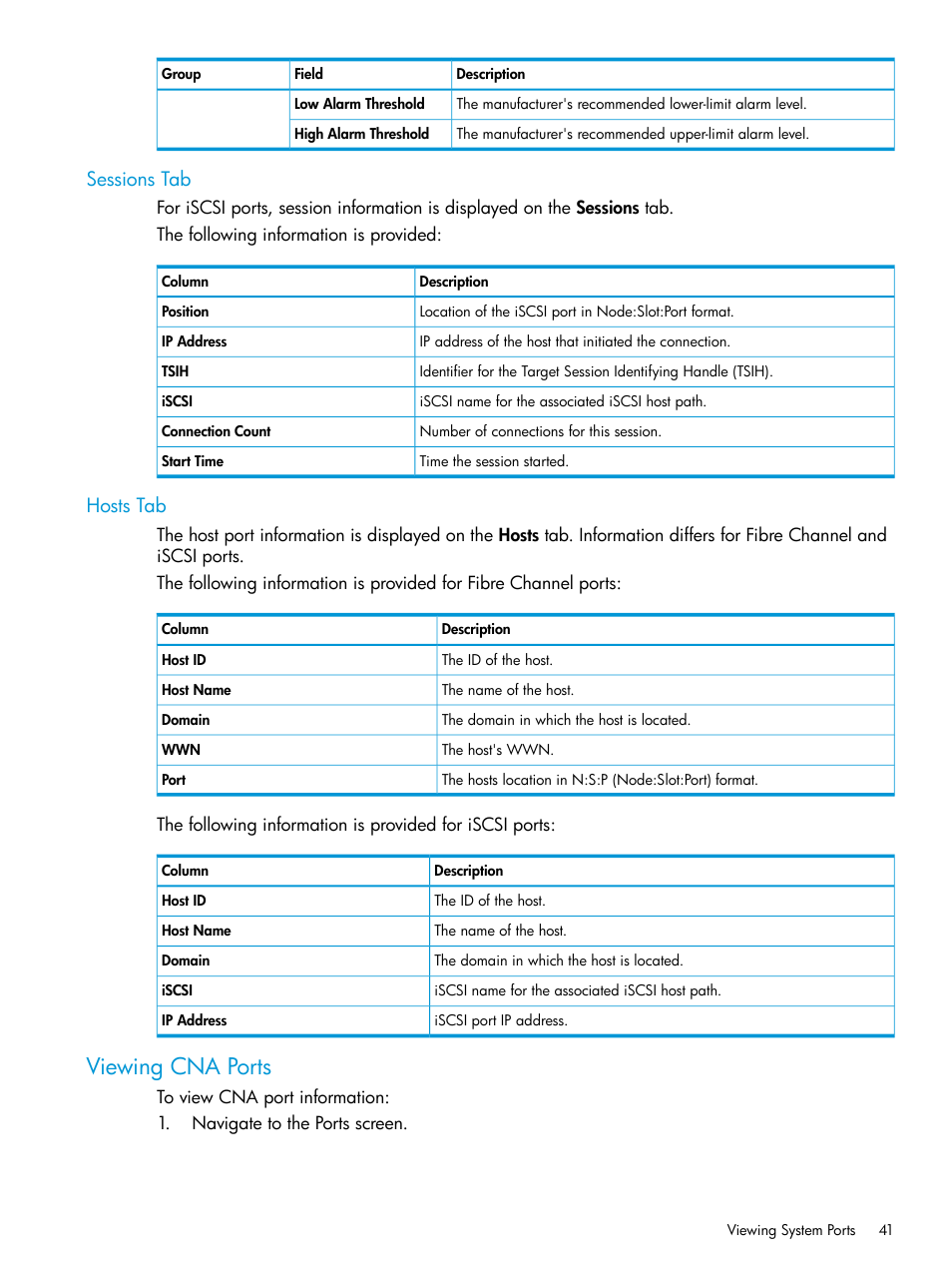 Sessions tab, Hosts tab, Viewing cna ports | Sessions tab hosts tab | HP 3PAR Operating System Software User Manual | Page 41 / 526