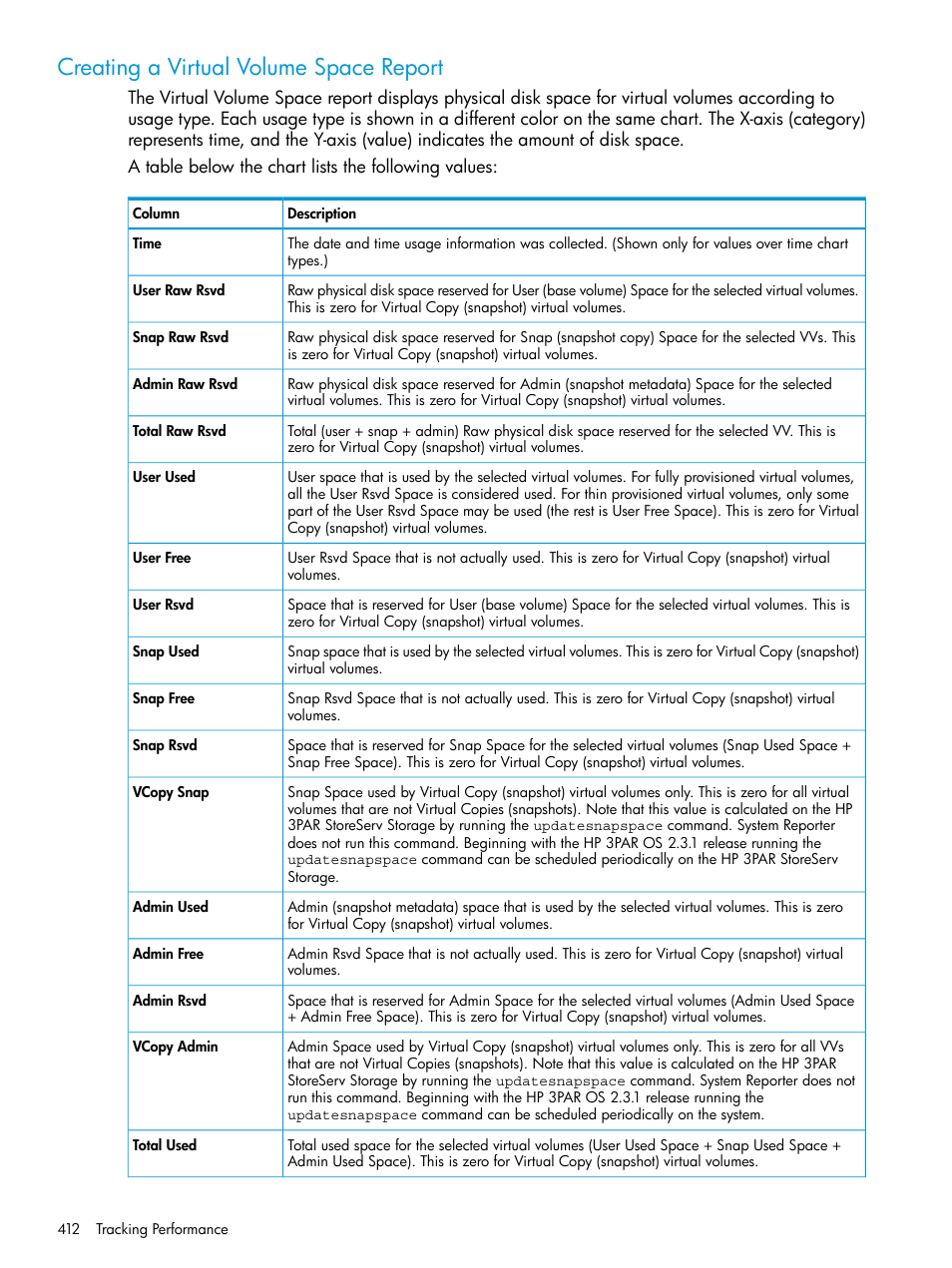 Creating a virtual volume space report | HP 3PAR Operating System Software User Manual | Page 412 / 526