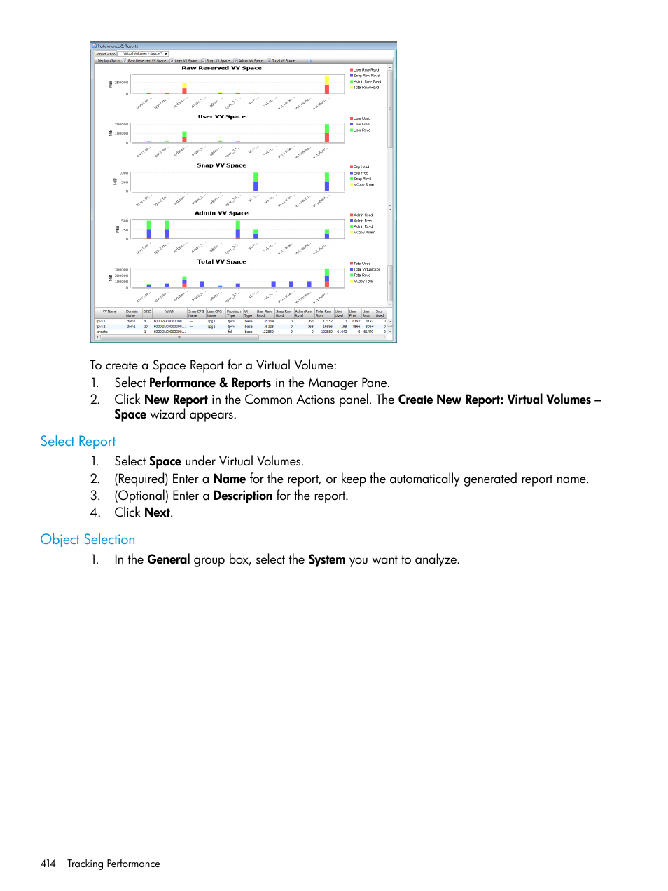 Select report, Object selection, Select report object selection | HP 3PAR Operating System Software User Manual | Page 414 / 526