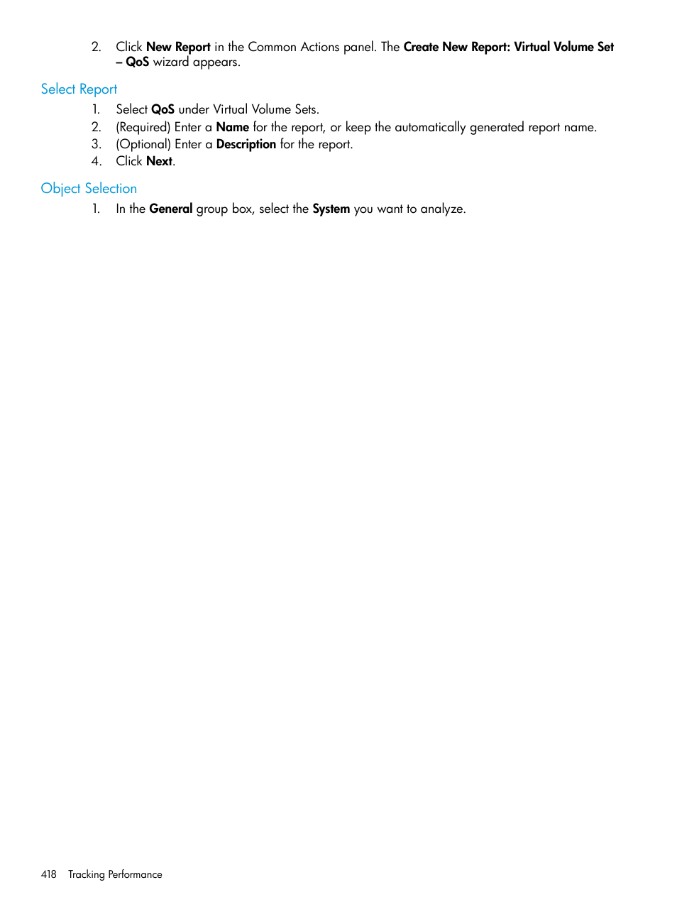 Select report, Object selection, Select report object selection | HP 3PAR Operating System Software User Manual | Page 418 / 526