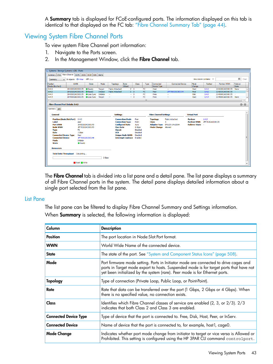 Viewing system fibre channel ports, List pane | HP 3PAR Operating System Software User Manual | Page 43 / 526