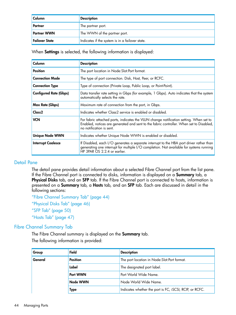 Detail pane, Fibre channel summary tab, Detail pane fibre channel summary tab | HP 3PAR Operating System Software User Manual | Page 44 / 526