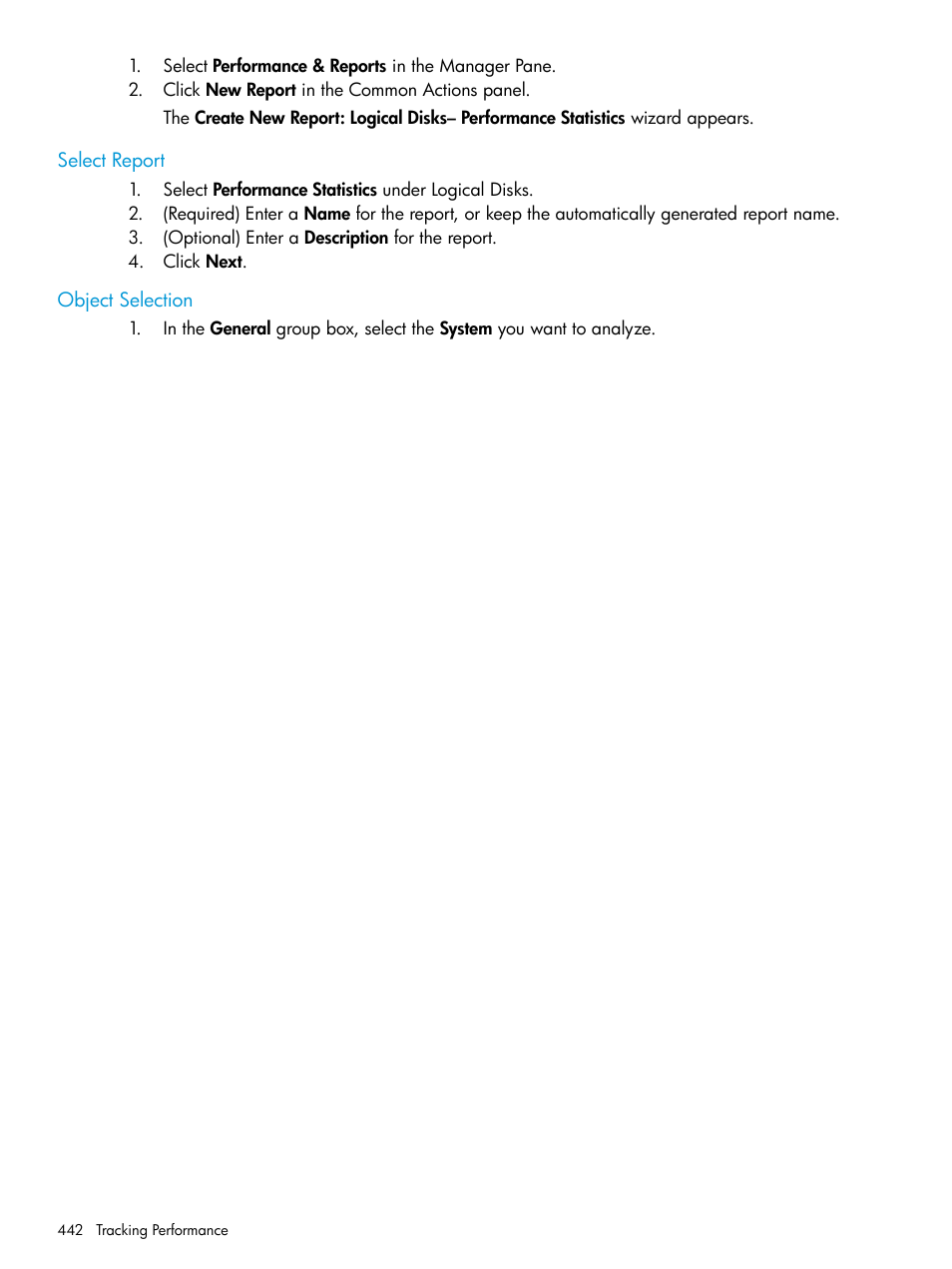 Select report, Object selection, Select report object selection | HP 3PAR Operating System Software User Manual | Page 442 / 526