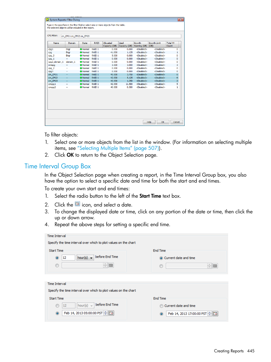 Time interval group box | HP 3PAR Operating System Software User Manual | Page 445 / 526