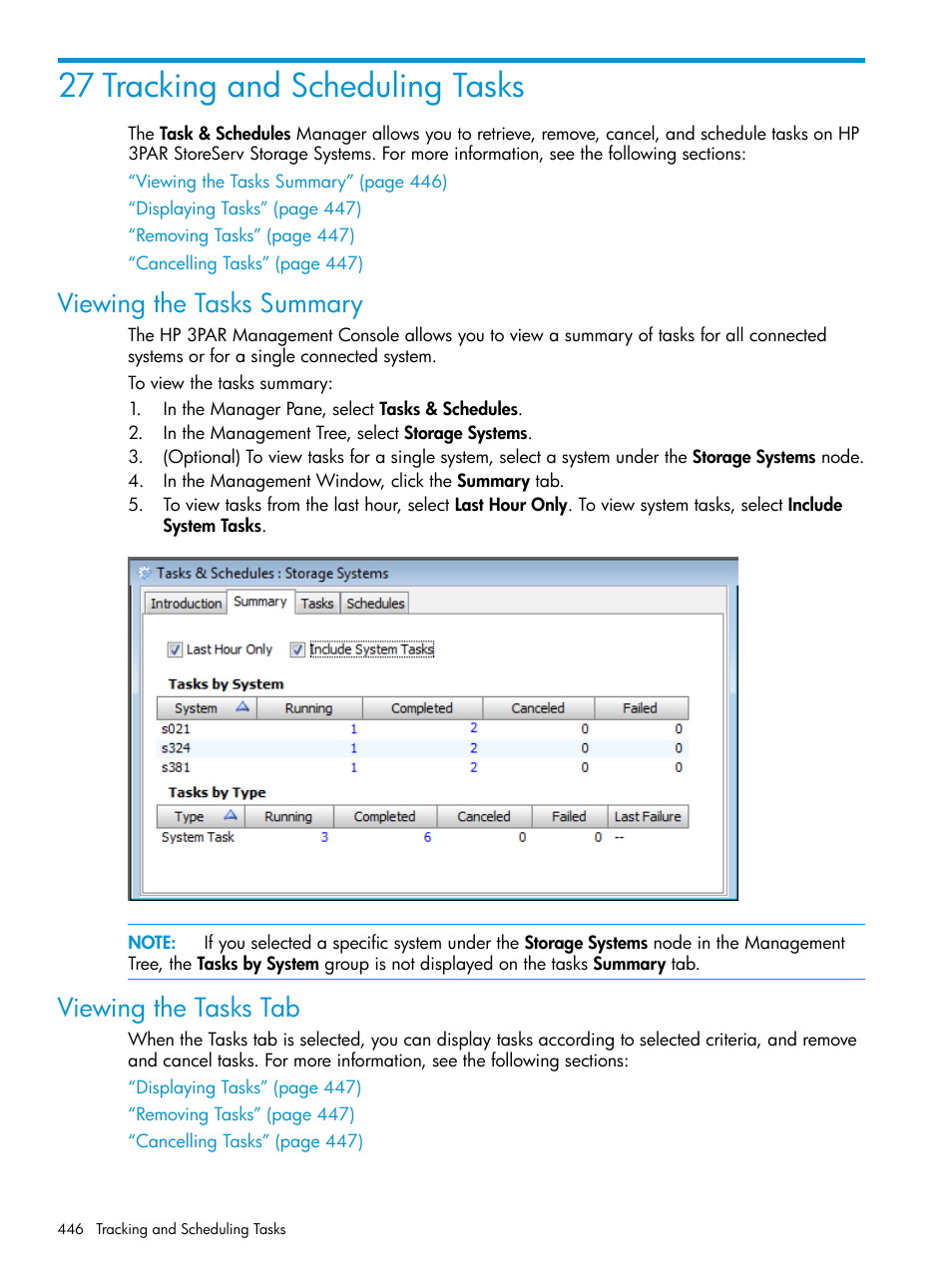 27 tracking and scheduling tasks, Viewing the tasks summary, Viewing the tasks tab | Viewing the tasks summary viewing the tasks tab | HP 3PAR Operating System Software User Manual | Page 446 / 526