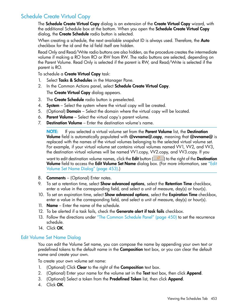 Schedule create virtual copy, Edit volume set name dialog | HP 3PAR Operating System Software User Manual | Page 453 / 526