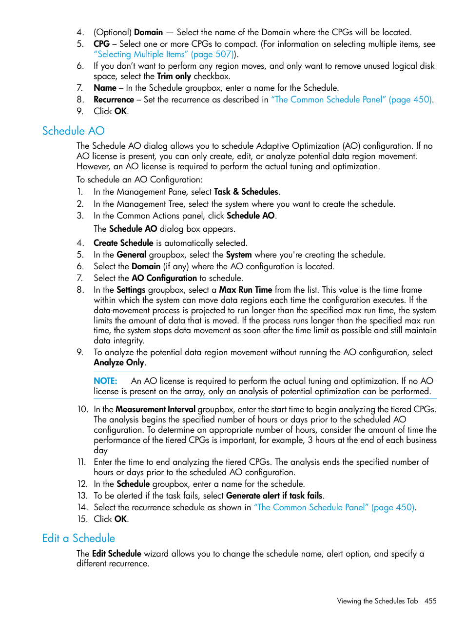 Schedule ao, Edit a schedule, Schedule ao edit a schedule | HP 3PAR Operating System Software User Manual | Page 455 / 526