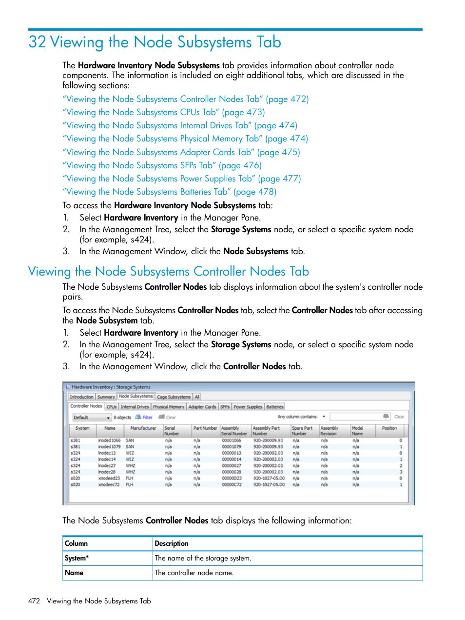 32 viewing the node subsystems tab, Viewing the node subsystems controller nodes tab | HP 3PAR Operating System Software User Manual | Page 472 / 526