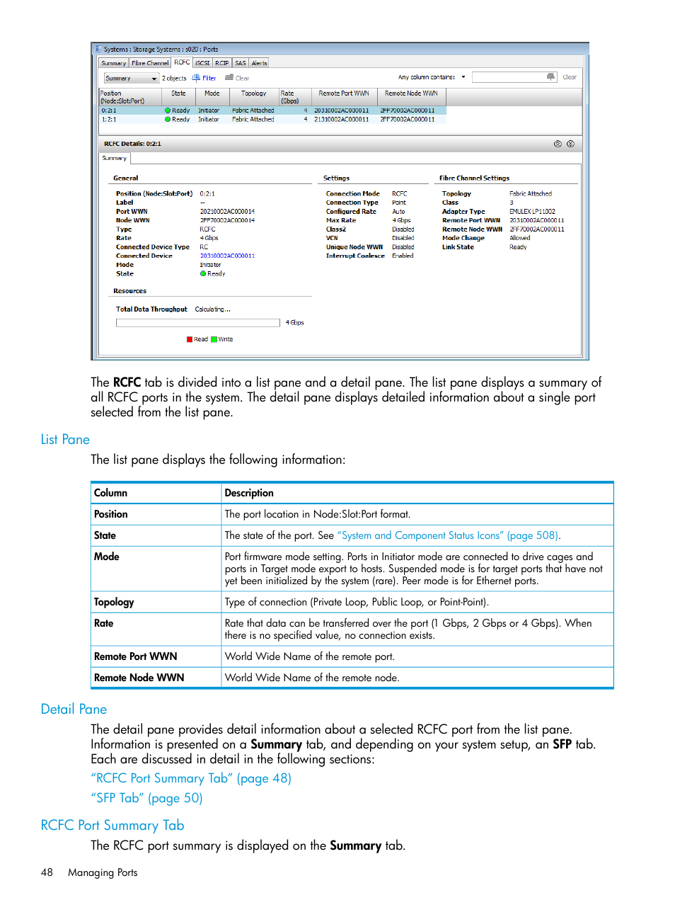 List pane, Detail pane, Rcfc port summary tab | List pane detail pane | HP 3PAR Operating System Software User Manual | Page 48 / 526