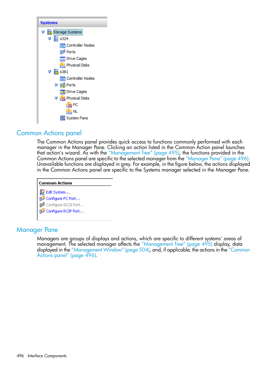 Common actions panel, Manager pane, Common actions panel manager pane | HP 3PAR Operating System Software User Manual | Page 496 / 526