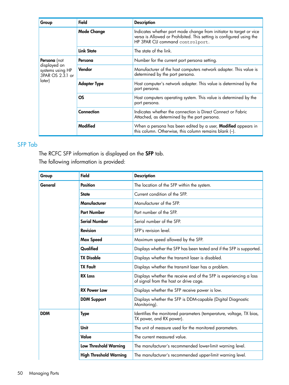 Sfp tab | HP 3PAR Operating System Software User Manual | Page 50 / 526