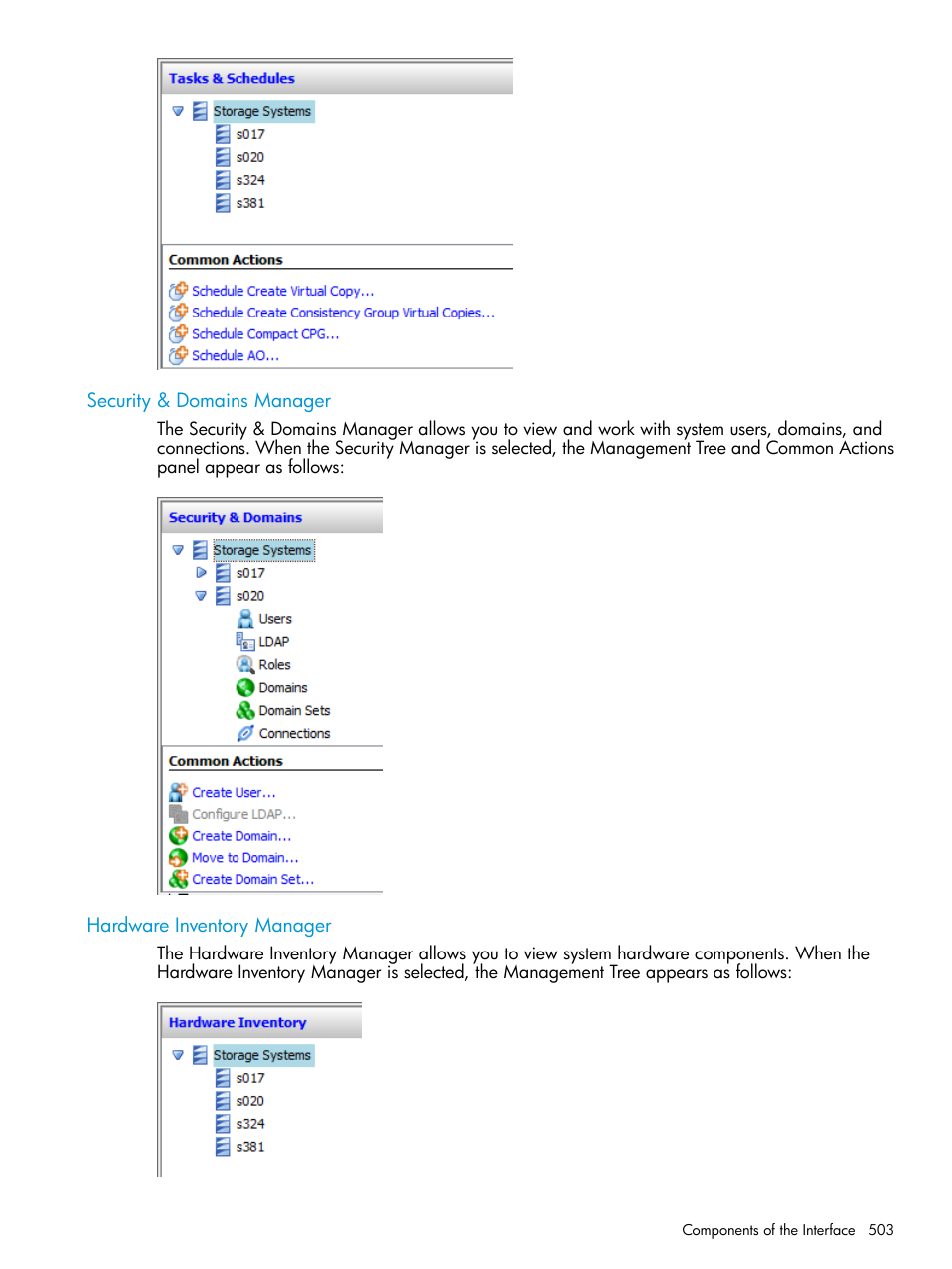 Security & domains manager, Hardware inventory manager | HP 3PAR Operating System Software User Manual | Page 503 / 526