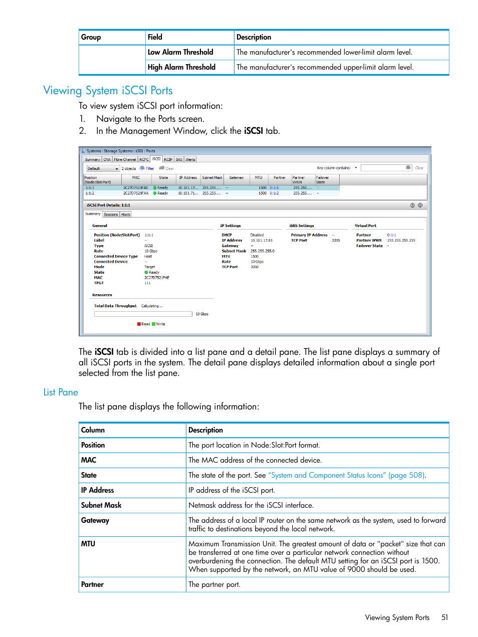 Viewing system iscsi ports, List pane | HP 3PAR Operating System Software User Manual | Page 51 / 526