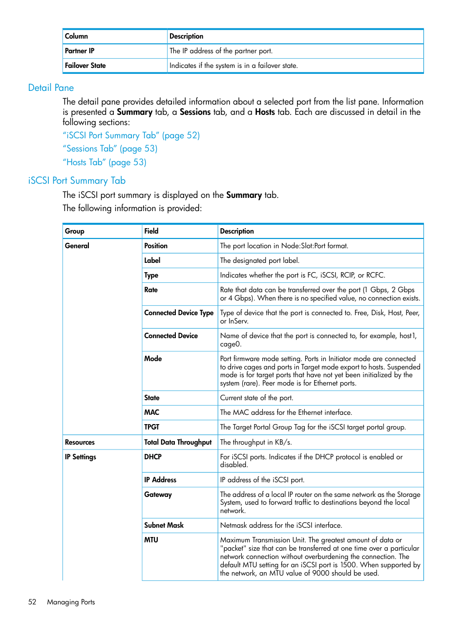 Detail pane, Iscsi port summary tab, Detail pane iscsi port summary tab | Iscsi port summary | HP 3PAR Operating System Software User Manual | Page 52 / 526