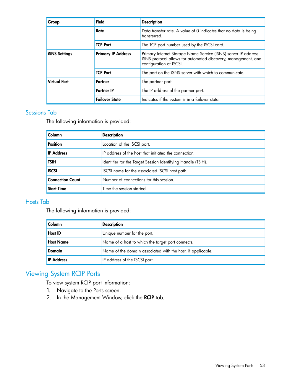 Sessions tab, Hosts tab, Viewing system rcip ports | Sessions tab hosts tab | HP 3PAR Operating System Software User Manual | Page 53 / 526