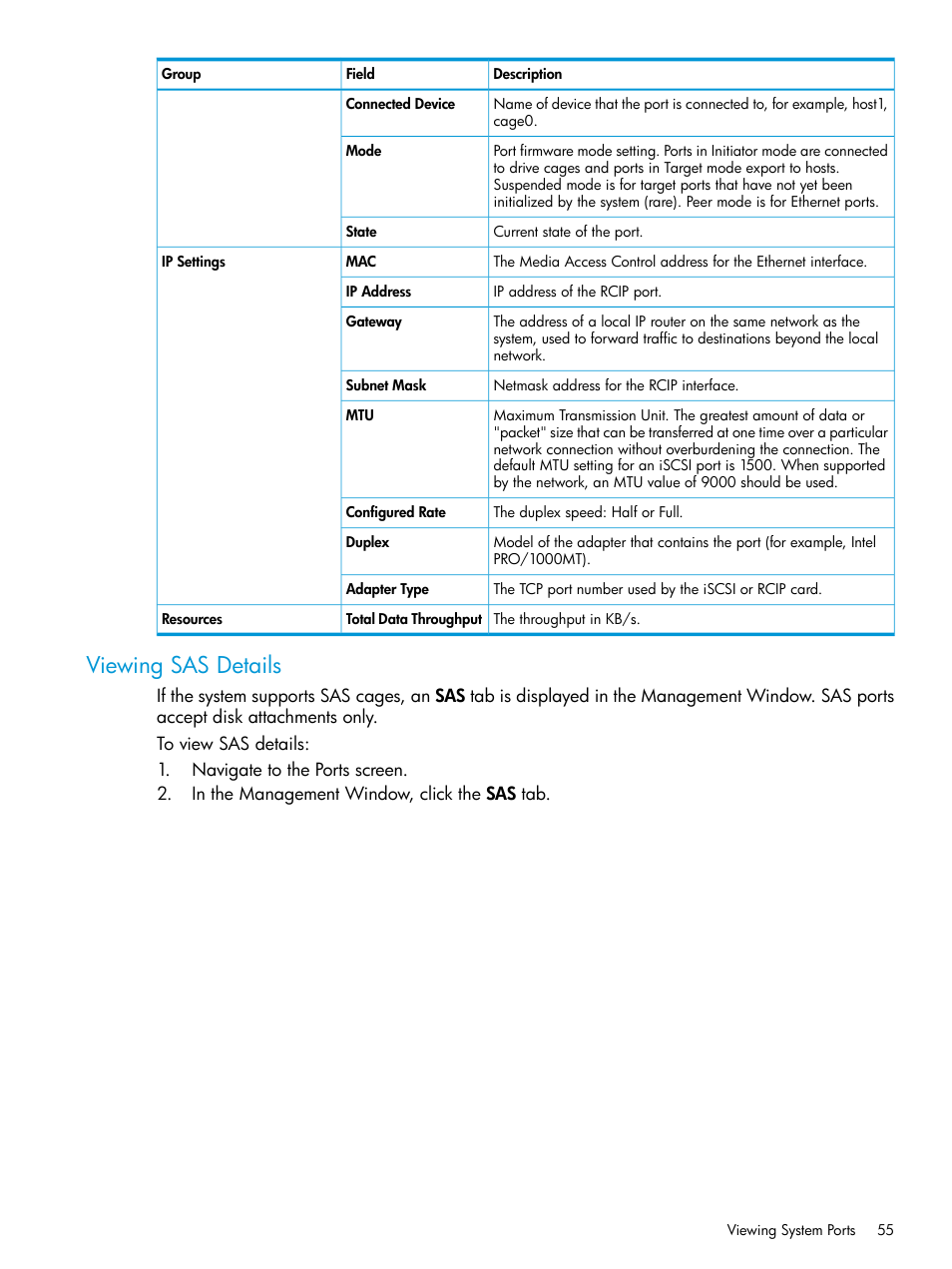 Viewing sas details | HP 3PAR Operating System Software User Manual | Page 55 / 526