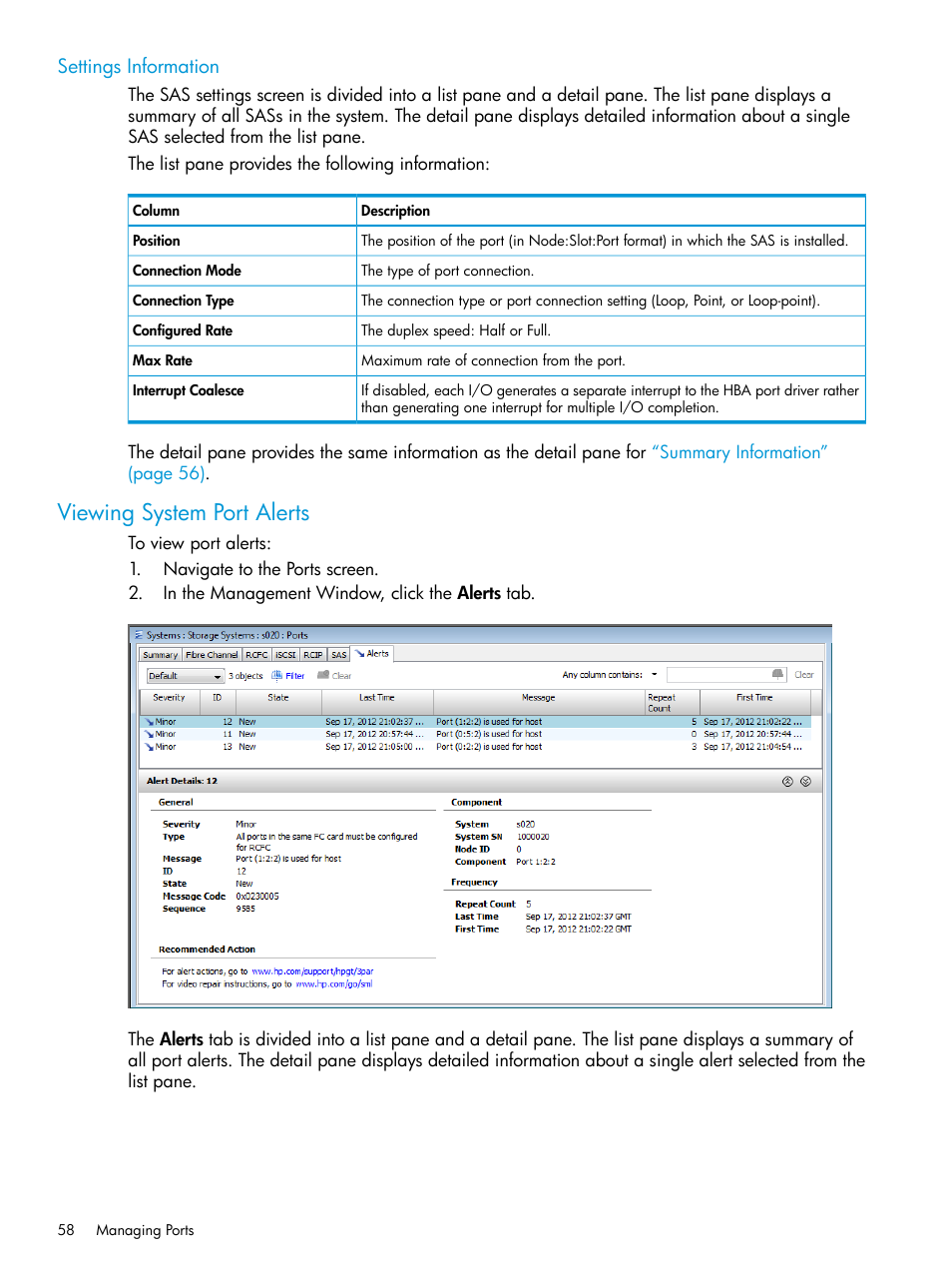 Settings information, Viewing system port alerts | HP 3PAR Operating System Software User Manual | Page 58 / 526